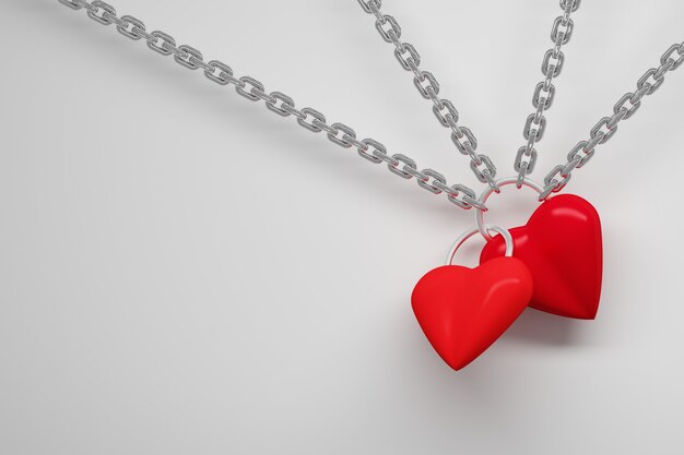 Composition with two red hearts hanging on metallic silver chain Image with copy blank space 3d illustration