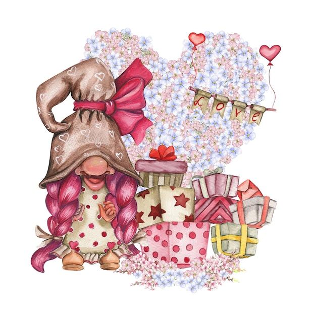 Foto composizione con san valentino gnomi nordici scatole regalo e fiori