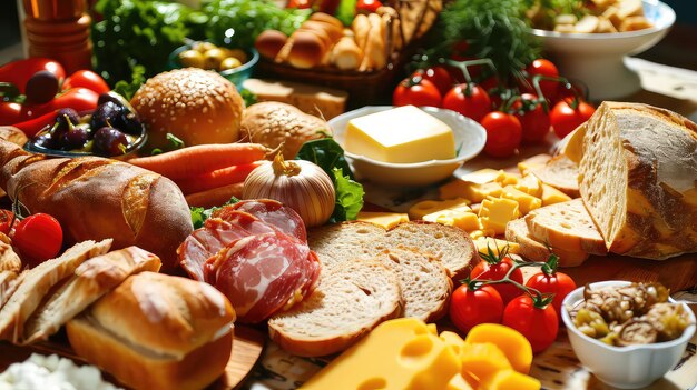 Composition with variety of food products on wooden table closeup