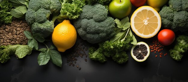 Composition with variety of fresh organic vegetables on black background top view