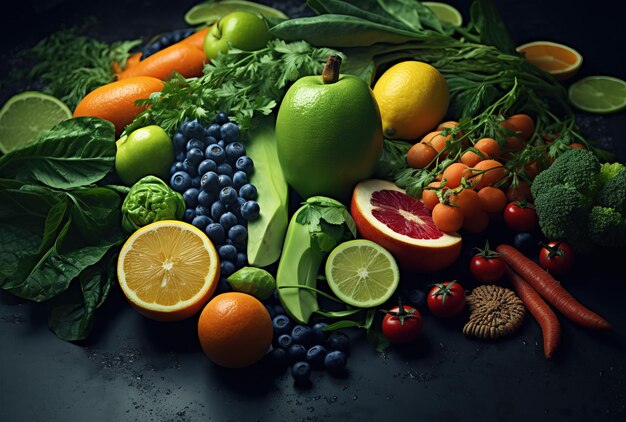 Composition with variety of fresh organic vegetables and fruits on dark background