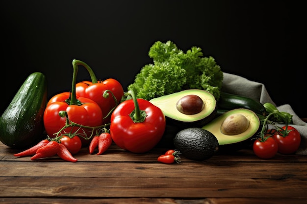 Composition with variety of fresh organic vegetables on wooden table on dark background