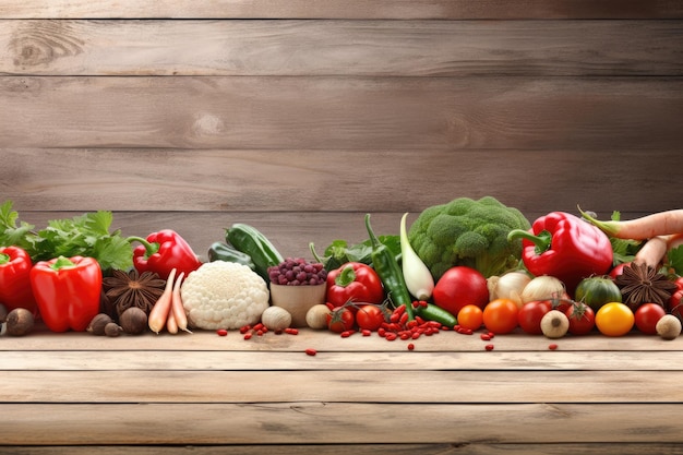 Composition with variety of fresh vegetables on wooden table Balanced diet