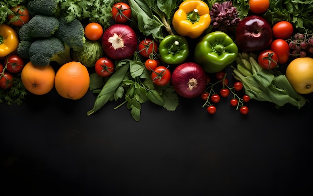 Composition with variety of raw organic vegetables on black black background