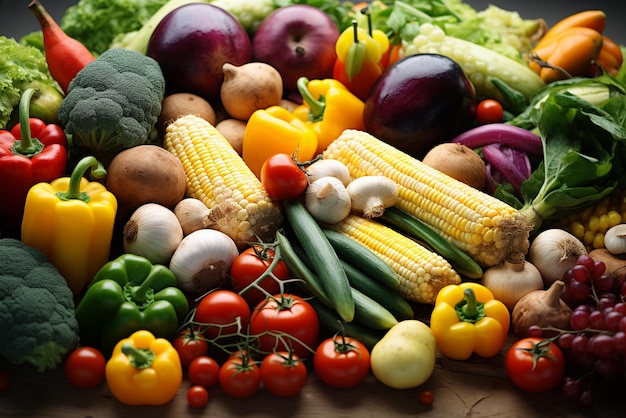 Composition with variety of raw organic vegetables on wooden table