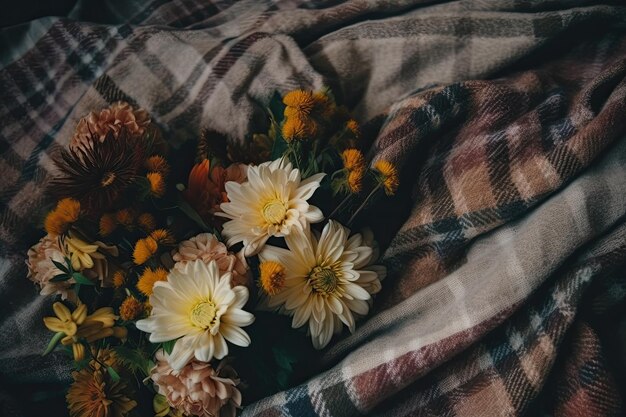 Photo composition with a warm plaid background and coffee