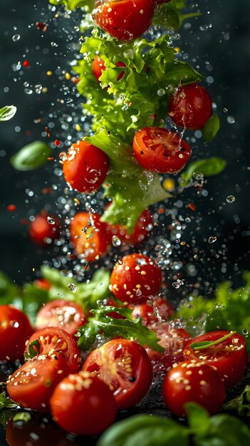 Foto composizione con pomodori interi e tagliati isolati su sfondo nero con piccole spruzze di wete