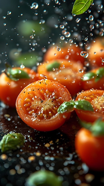 Foto composizione con pomodori interi e tagliati isolati su sfondo nero con piccole spruzze di wete