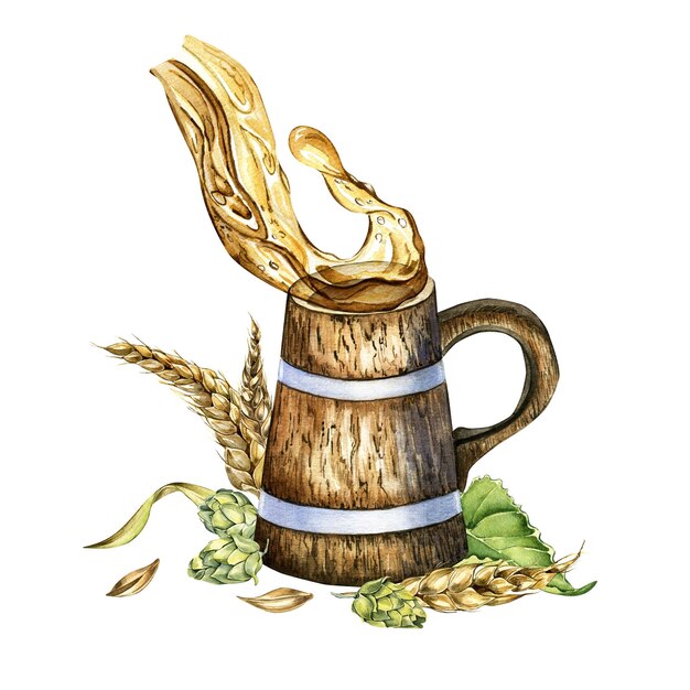 Composition with wooden mug hop cones wheat ears and beer splash watercolor illustration isolated on white