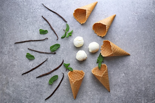 Photo composition with yummy vanilla ice cream