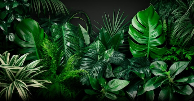 어두운 배경에 열대 식물이 있는 구성 이미지
