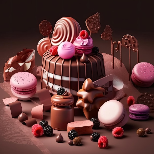Compositions of desserts cakes berries and macaroons oh the table generative AI