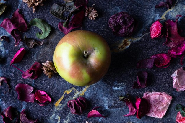 Photo compositions of green apples and petals in study