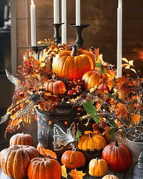 Compositions with autumn elements such as pumpkins apples dry leaves candles in autumn