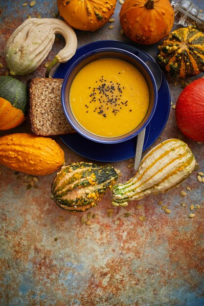 Compositon with autumn classic food Tasty homemade pumpkin soup decorated with black seed Flat lay over rusty background Various kinds of mini pumpkins With copy space for text