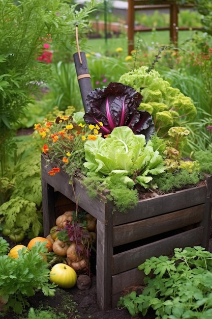 Compost bin in a garden with fruits and vegetables created with generative ai