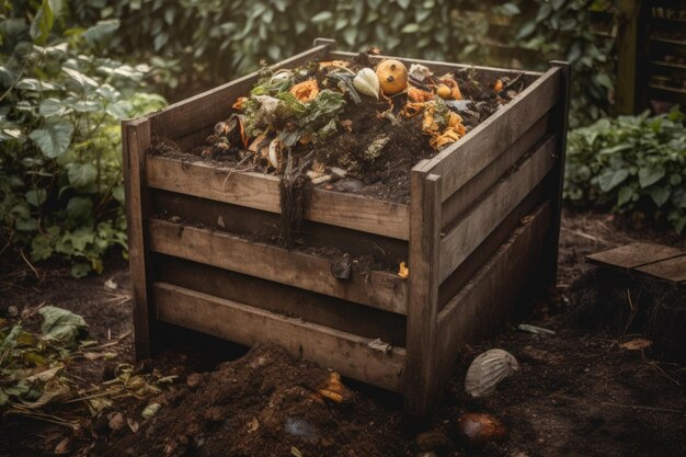 Foto bidone del compost traboccante di ricco terreno scuro creato con l'ia generativa