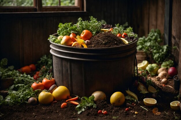 A compost bin with various kitchen scraps turning into nutrientrich soil