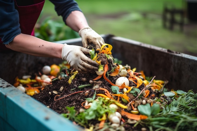 Compost the kitchen waste recycling throwing food leftovers into garbage trash bin from vegetable