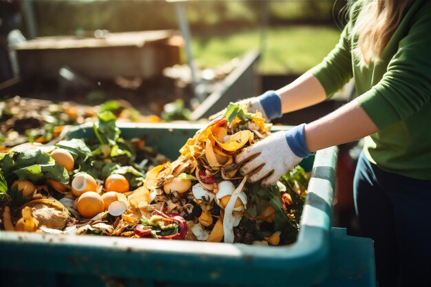 Foto riciclaggio dei rifiuti della cucina gettando gli avanzi di cibo nel cestino della spazzatura