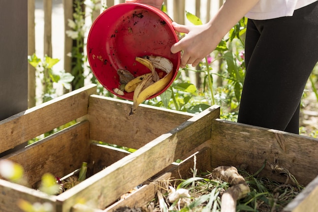 Compost Organisch afval gooien in Compost Bin. Eco-mest recyclen, afval sorteren, biohumus