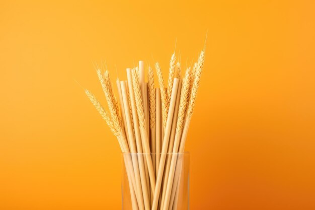 Photo compostable glutenfree wheat stem straws in paper packaging for transportation over orange background