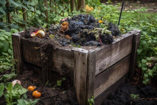 Compostbak vol met rijke zwarte compost gemaakt met generatieve AI