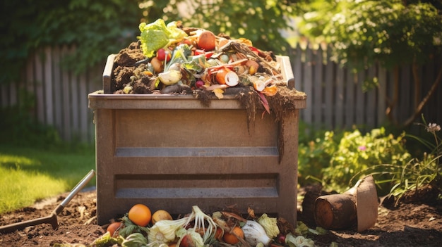 Photo composting food scraps in a backyard compost bin high quality photo