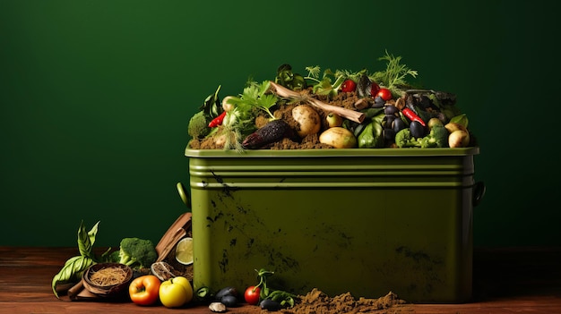 Composting voedsel afval doos tegen groene achtergrond muur