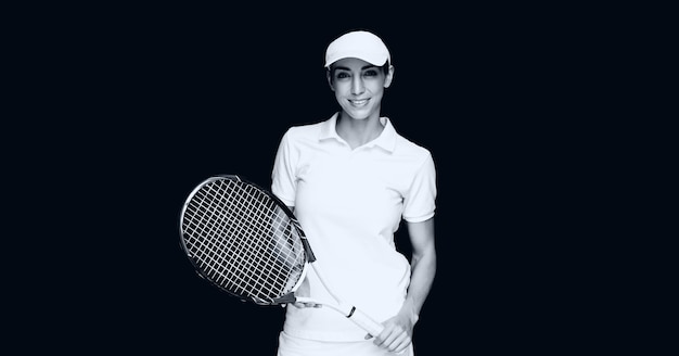 Photo compostion of female tennis player on black background