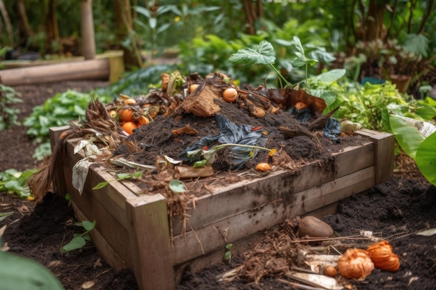 Foto compostsysteem in de tuin met wormen en andere regenwormen zichtbaar gemaakt met generatieve ai