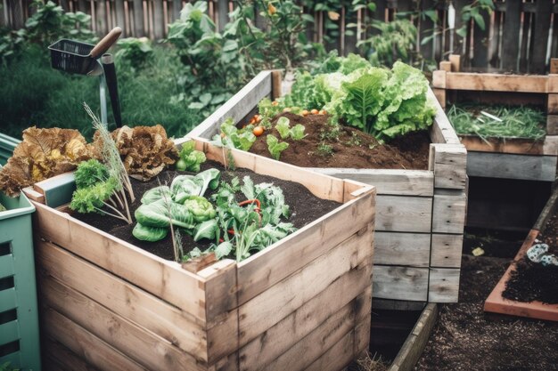 Foto compostsysteem in een kleine stadstuin met kruiden en groenten gemaakt met generatieve ai