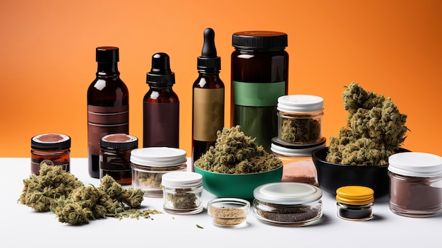 Foto collezione completa di prodotti a base di cannabis per uso medicinale o ricreativo