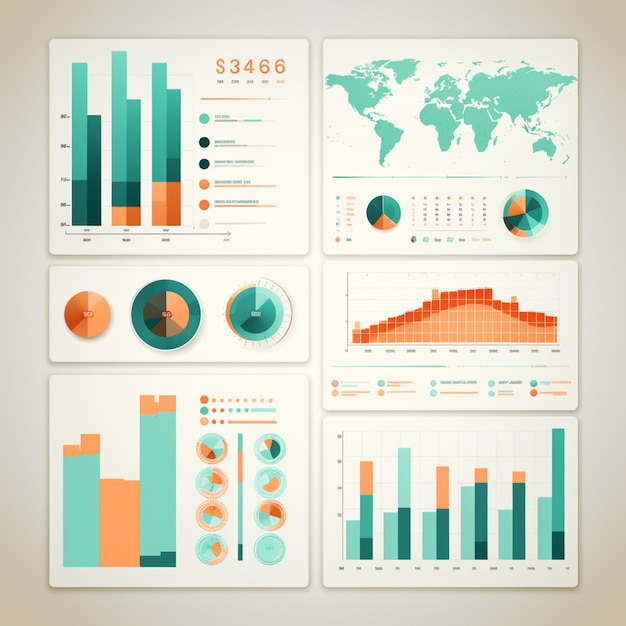 A comprehensive set of business analytics and data visualization graphics rendered in a vintage graphic design style featuring a color palette of light cyan amber light red and light green