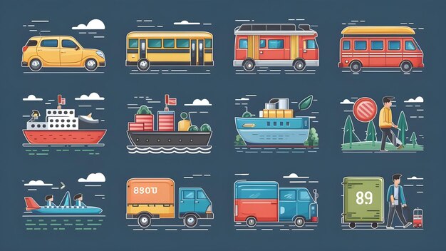Photo comprehensive transport icons auto bus train ship plane on foot public travel delivery