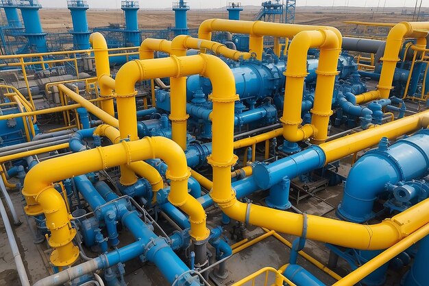 Foto sistemi di compressore e pompaggio con molti tubi e connessioni gialli nel giacimento petrolifero dell'azerbaigian a baku