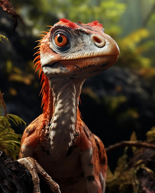 Photo a compsognathus dinosaur in the jungle close up face background blur trees generated ai photo