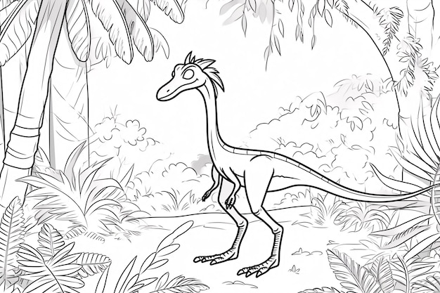 Compsognathus Dinosaur Zwarte Witte Lineaire Doodles Lijnkunst Kleurblad Kinderen Kleurboek