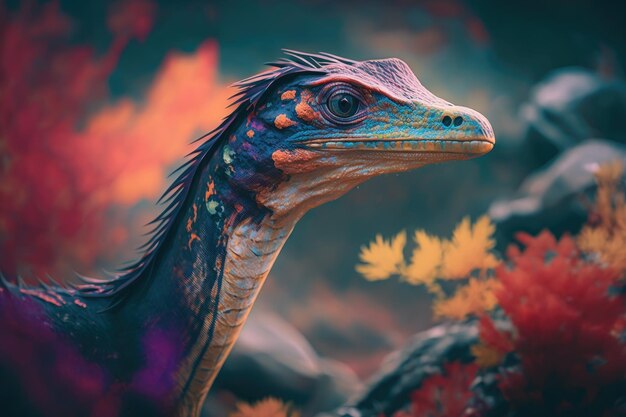 Compsognathus kleurrijke gevaarlijke dinosaurus in weelderige prehistorische natuur door Generative AI