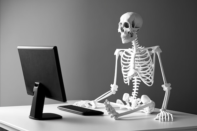 Photo computer addiction symbol fake human skeleton on desk