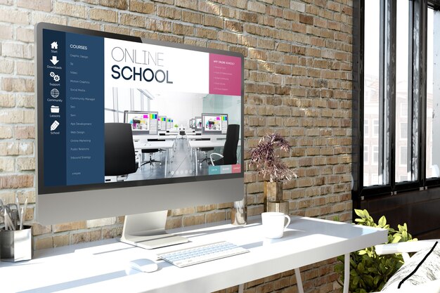 Компьютер на рабочем столе с онлайн-школой на экране 3d-рендеринга