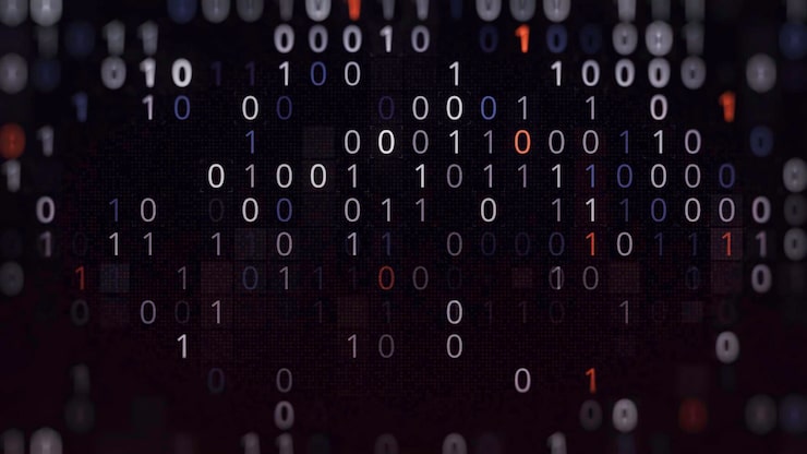 Photo computer background with binary code animation virtual space of software with binary code