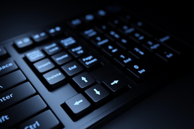 Computer black keyboard on black background 3D rendering of streaming gear and gamer workspace concept