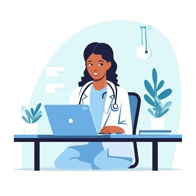 Photo computer and black woman typing for research in healthcare reports or telehealth