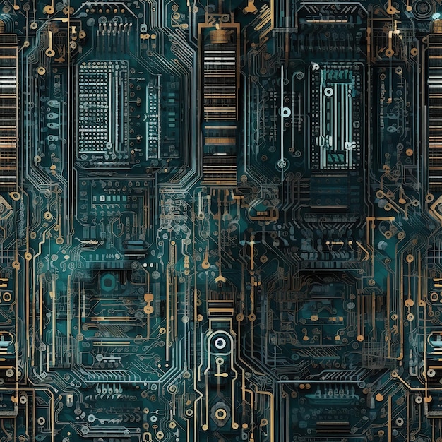 A computer board with a green and gold circuit board.