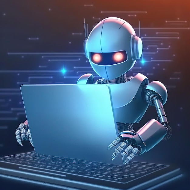 A computer bot hacks the firewall on a laptop Computer technology 3d illustration