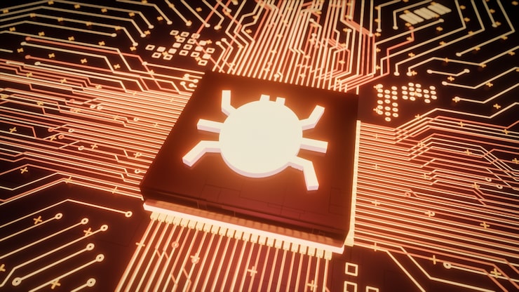 Photo computer bug or virus malware found inside computer microprocessor unit or cpu, vulnerable network security system, 3d rendering low level hardware hacking attack data breaches concept