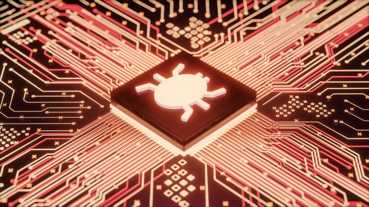 Photo 컴퓨터 마이크로프로세서 장치 또는 cpu 내부에서 발견된 컴퓨터 버그 또는 바이러스 맬웨어, 취약한 네트워크 보안 시스템, 3d 렌더링 저수준 하드웨어 해킹 공격 데이터 위반 개념