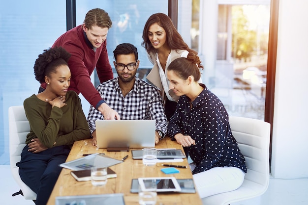 Computer business people and help in office employee and manager or mentor Technology learner and leader at desk for teaching seo website and online for digital working and collaboration