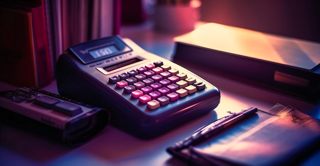 A computer and calculator with paperwork on top of it